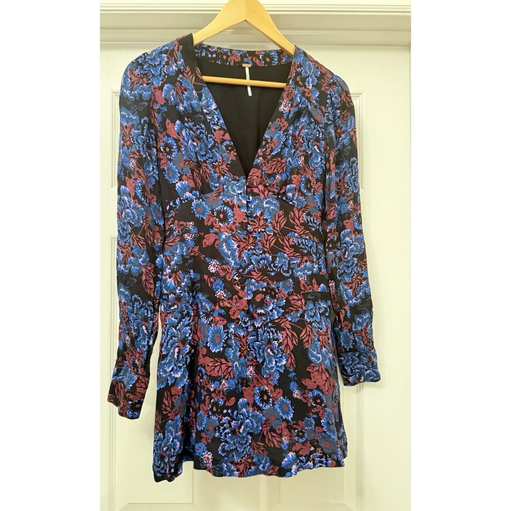 Free People Mini Dress Womens 0 Black Blue Purple Floral V-Neck Long Sleeve Boho